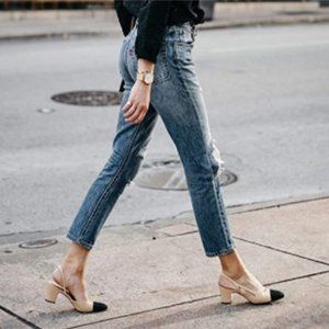 FOWT Beige Pointed Toe Chunky Mid Heel Slingback Pumps Party Office Shoes